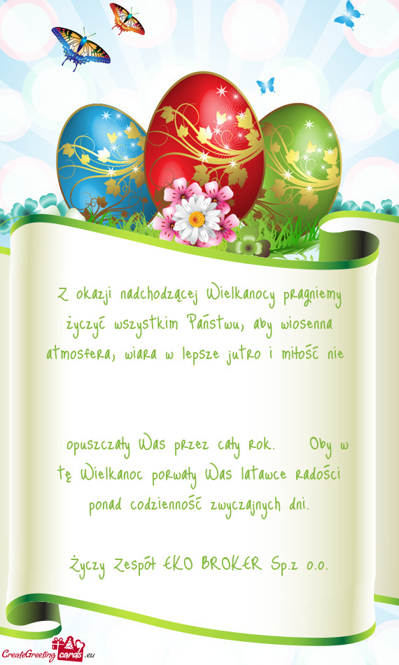 Z okazji nadchodzącej Wielkanocy pragniemy życzyć wszystkim Państwu, aby wiosenna atmosfera, wia