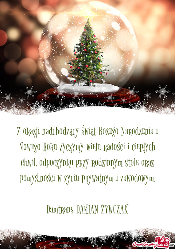 Z okazji nadchodzący Świąt Bożego Narodzenia i Nowego Roku życzymy wielu radości i ciepłych c