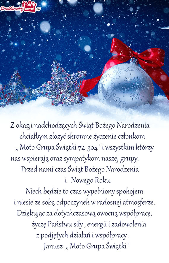 Z okazji nadchodzących Świąt Bożego Narodzenia    chciałbym złożyć skromne życzeni