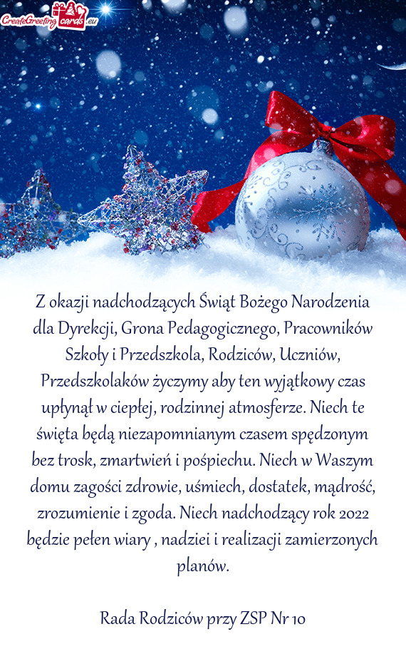 Z okazji nadchodzących Świąt Bożego Narodzenia dla Dyrekcji, Grona Pedagogicznego, Pracowników