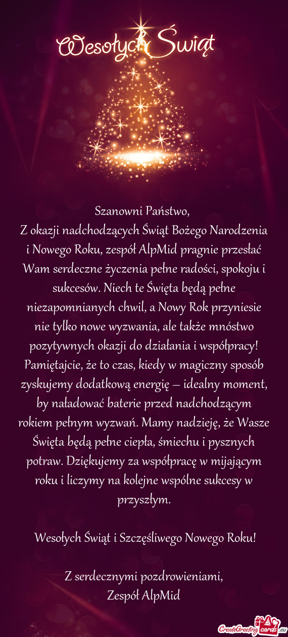 Z okazji nadchodzących Świąt Bożego Narodzenia i Nowego Roku, zespół AlpMid pragnie przesłać