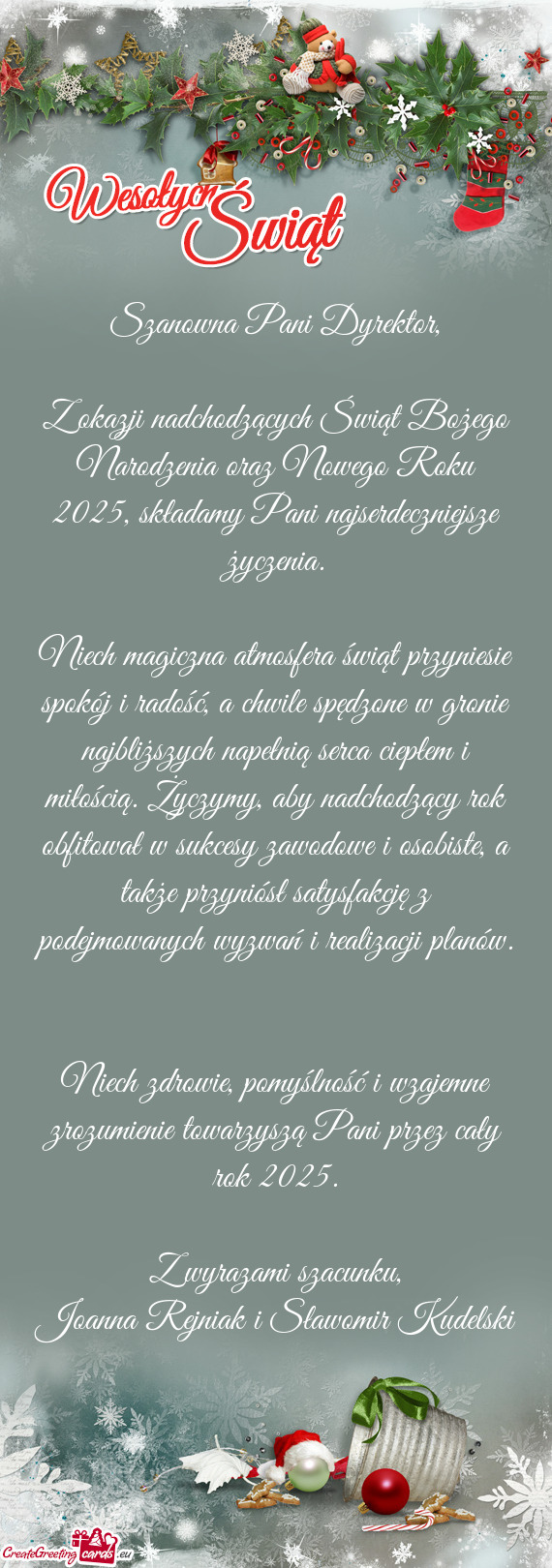 Z okazji nadchodzących Świąt Bożego Narodzenia oraz Nowego Roku 2025, składamy Pani najserdeczn