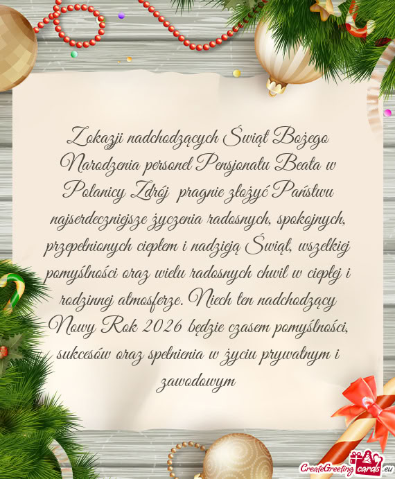 Z okazji nadchodzących Świąt Bożego Narodzenia personel Pensjonatu Beata w Polanicy Zdrój prag