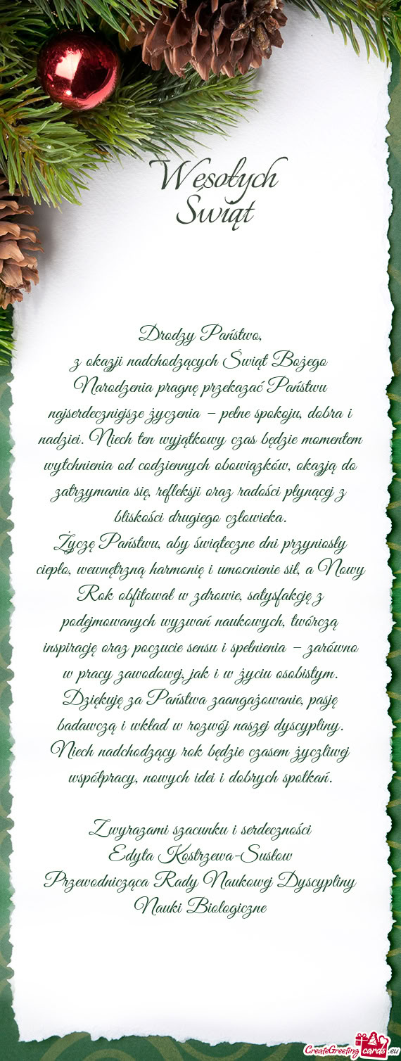 Z okazji nadchodzących Świąt Bożego Narodzenia pragnę przekazać Państwu najserdeczniejsze ży