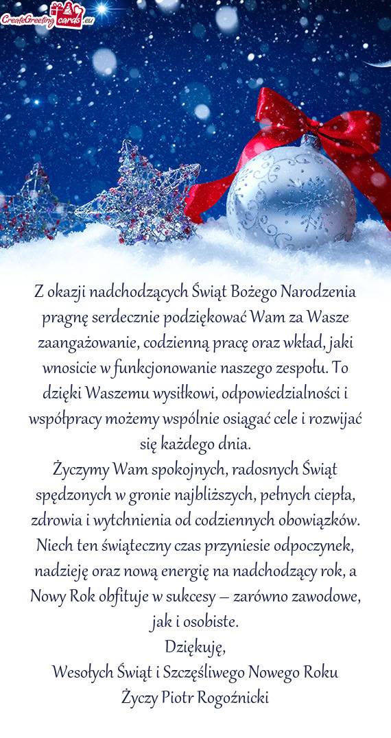 Z okazji nadchodzących Świąt Bożego Narodzenia pragnę serdecznie podziękować Wam za Wasze zaa