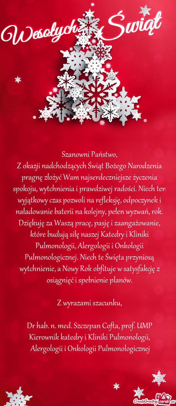 Z okazji nadchodzących Świąt Bożego Narodzenia pragnę złożyć Wam najserdeczniejsze życzenia
