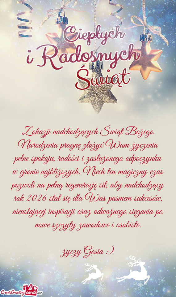 Z okazji nadchodzących Świąt Bożego Narodzenia pragnę złożyć Wam życzenia pełne spokoju, r