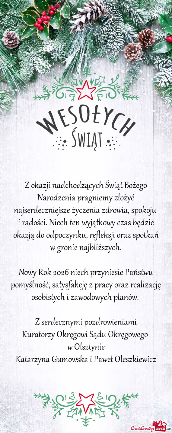 Z okazji nadchodzących Świąt Bożego Narodzenia pragniemy złożyć najserdeczniejsze życzenia z