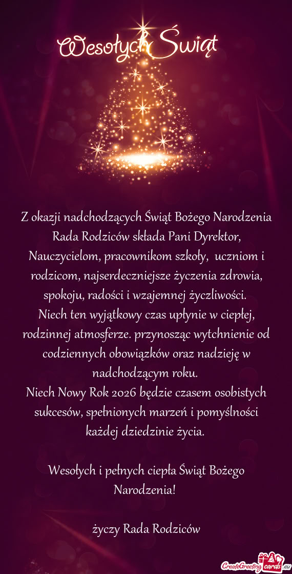 Z okazji nadchodzących Świąt Bożego Narodzenia Rada Rodziców składa Pani Dyrektor, Nauczycielo