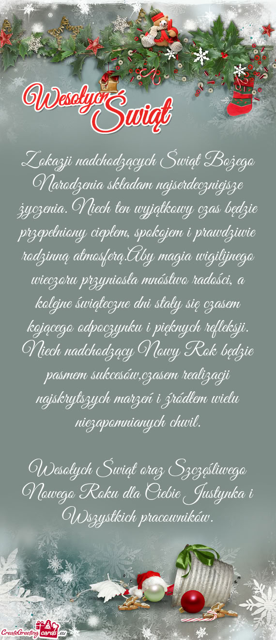 Z okazji nadchodzących Świąt Bożego Narodzenia składam najserdeczniejsze życzenia. Niech ten w
