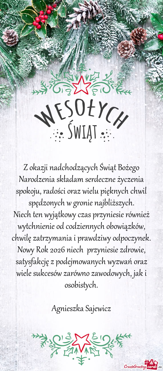 Z okazji nadchodzących Świąt Bożego Narodzenia składam serdeczne życzenia spokoju, radości or