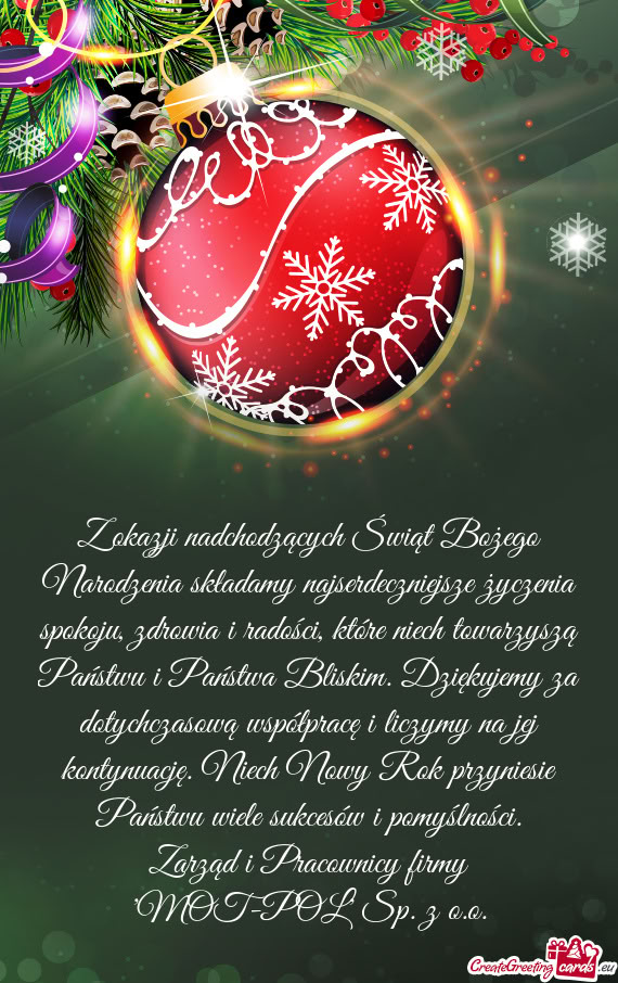 Z okazji nadchodzących Świąt Bożego Narodzenia składamy najserdeczniejsze życzenia spokoju, zd