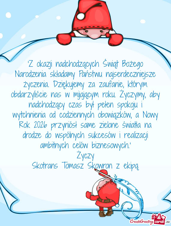 "Z okazji nadchodzących Świąt Bożego Narodzenia składamy Państwu najserdeczniejsze życzenia