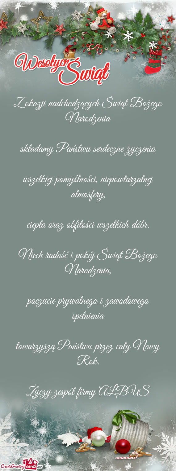 Z okazji nadchodzących Świąt Bożego Narodzenia    składamy Państwu
