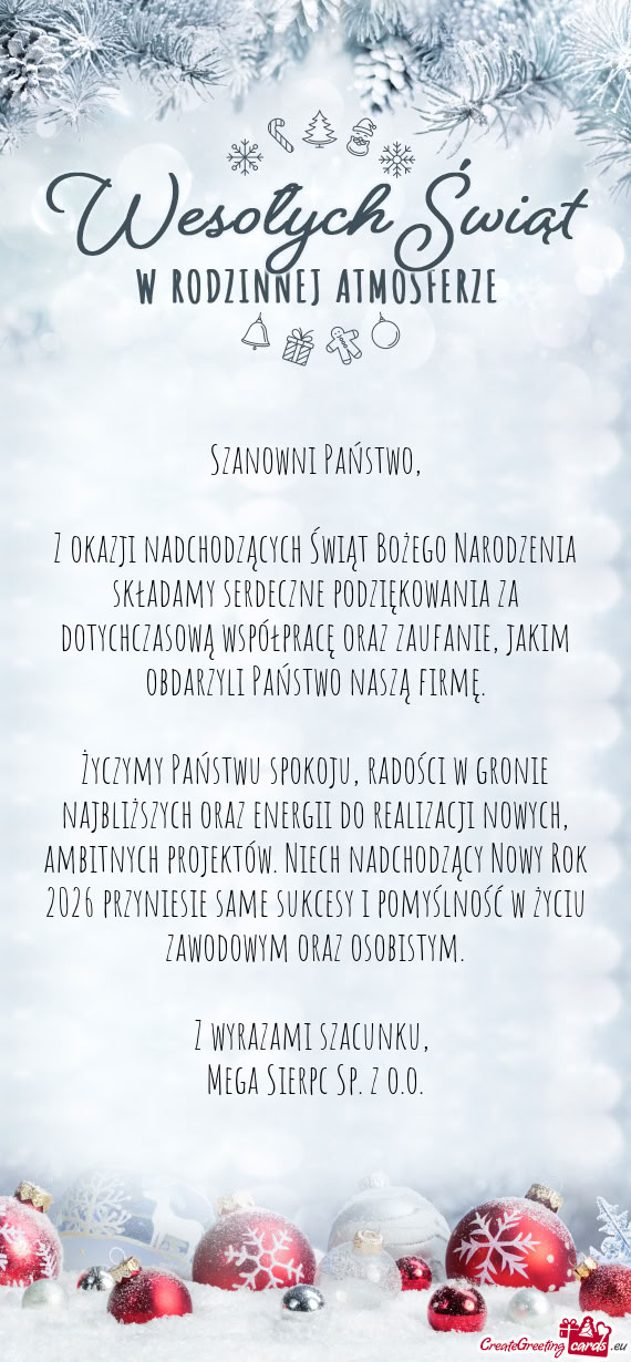 Z okazji nadchodzących Świąt Bożego Narodzenia składamy serdeczne podziękowania za dotychczaso