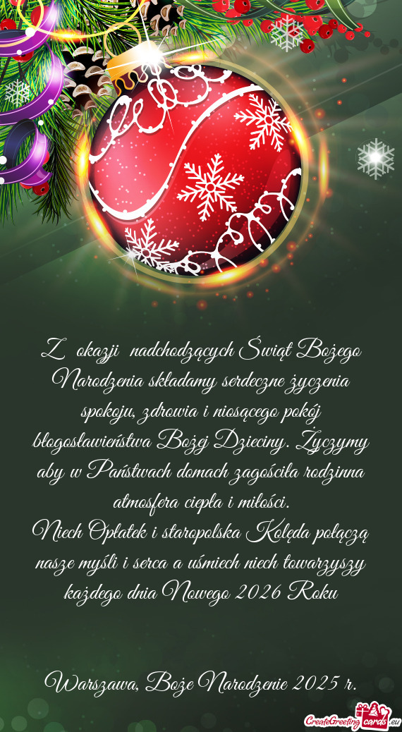 Z okazji nadchodzących Świąt Bożego Narodzenia składamy serdeczne życzenia spokoju, zdrowia