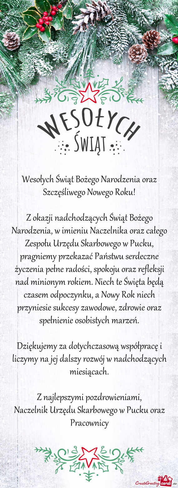 Z okazji nadchodzących Świąt Bożego Narodzenia, w imieniu Naczelnika oraz całego Zespołu Urzę