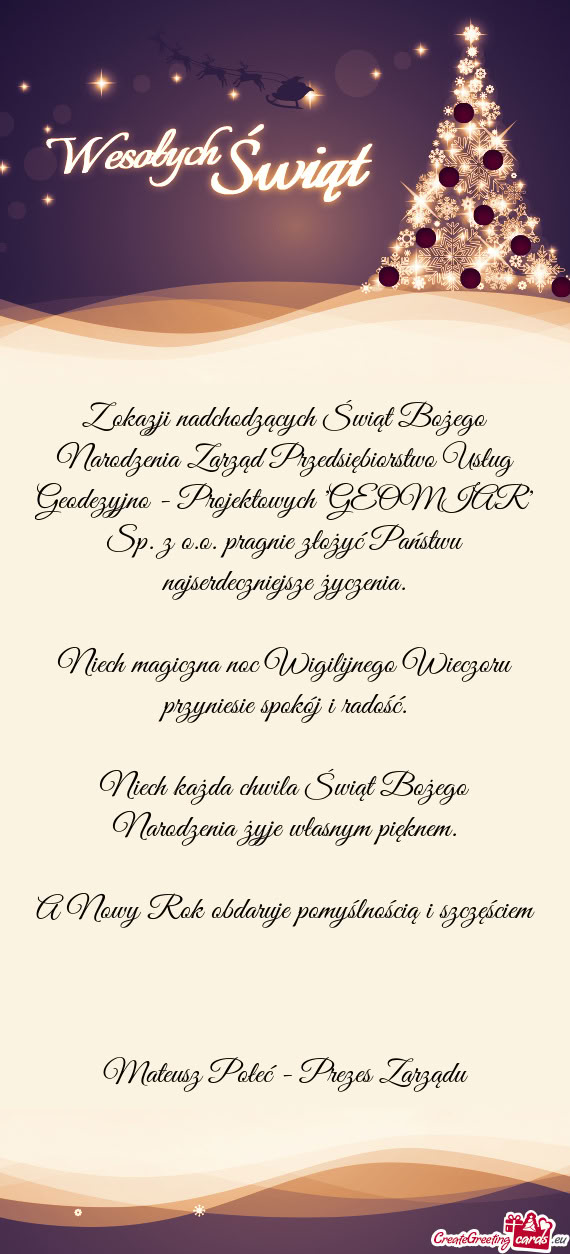 Z okazji nadchodzących Świąt Bożego Narodzenia Zarząd Przedsiębiorstwo Usług Geodezyjno - Pro
