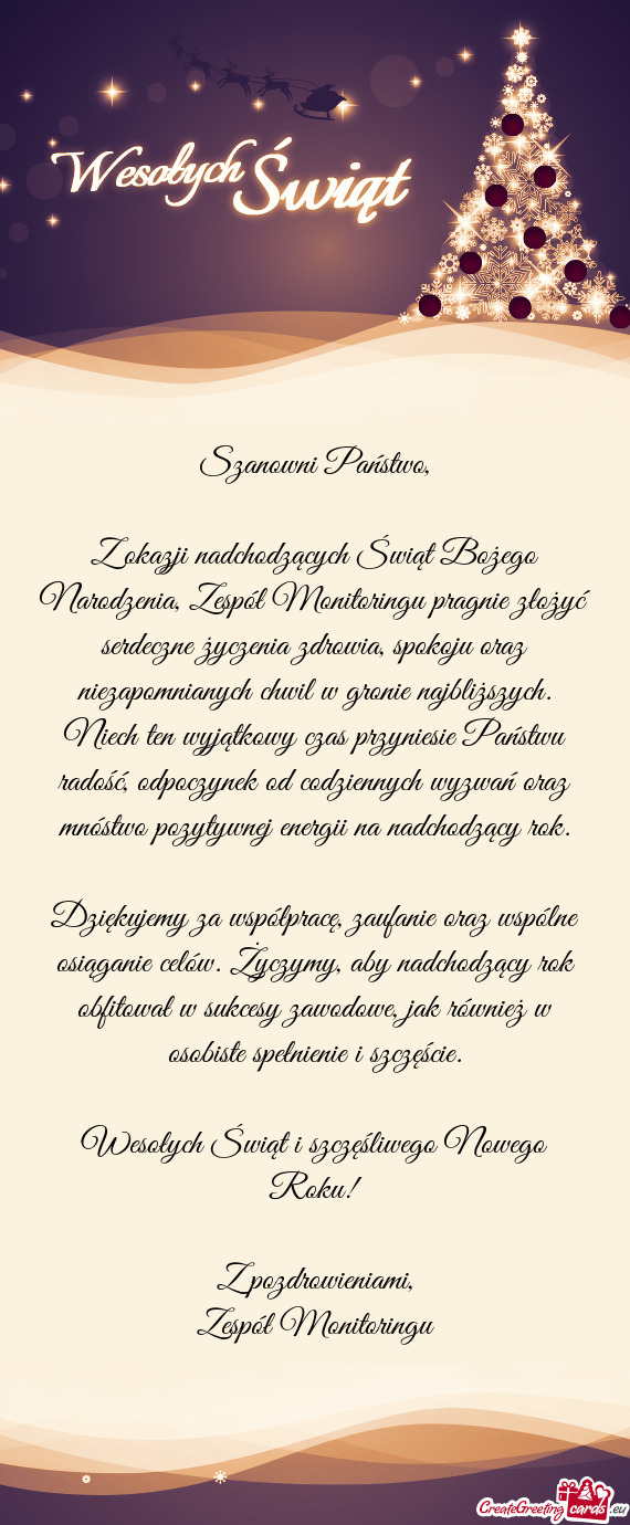 Z okazji nadchodzących Świąt Bożego Narodzenia, Zespół Monitoringu pragnie złożyć serdeczne