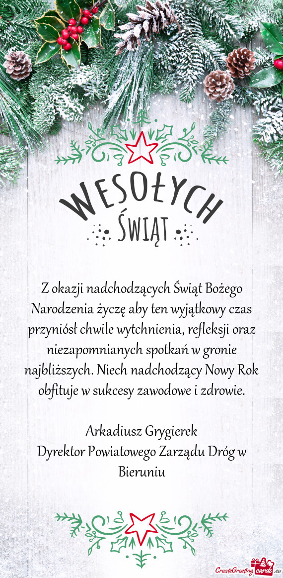 Z okazji nadchodzących Świąt Bożego Narodzenia życzę aby ten wyjątkowy czas przyniósł chwil