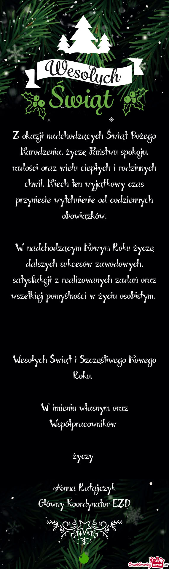 Z okazji nadchodzących Świąt Bożego Narodzenia, życzę Państwu spokoju, radości oraz wielu ci