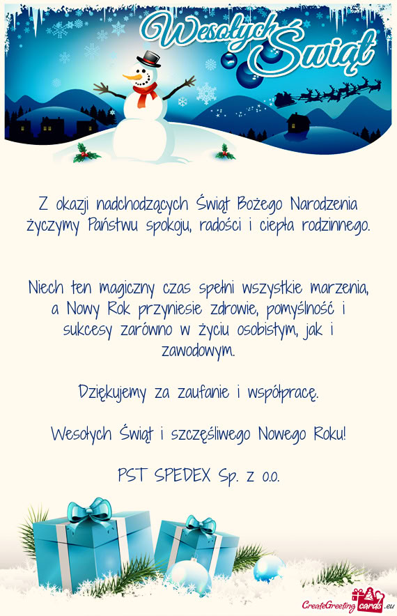 Z okazji nadchodzących Świąt Bożego Narodzenia życzymy Państwu spokoju