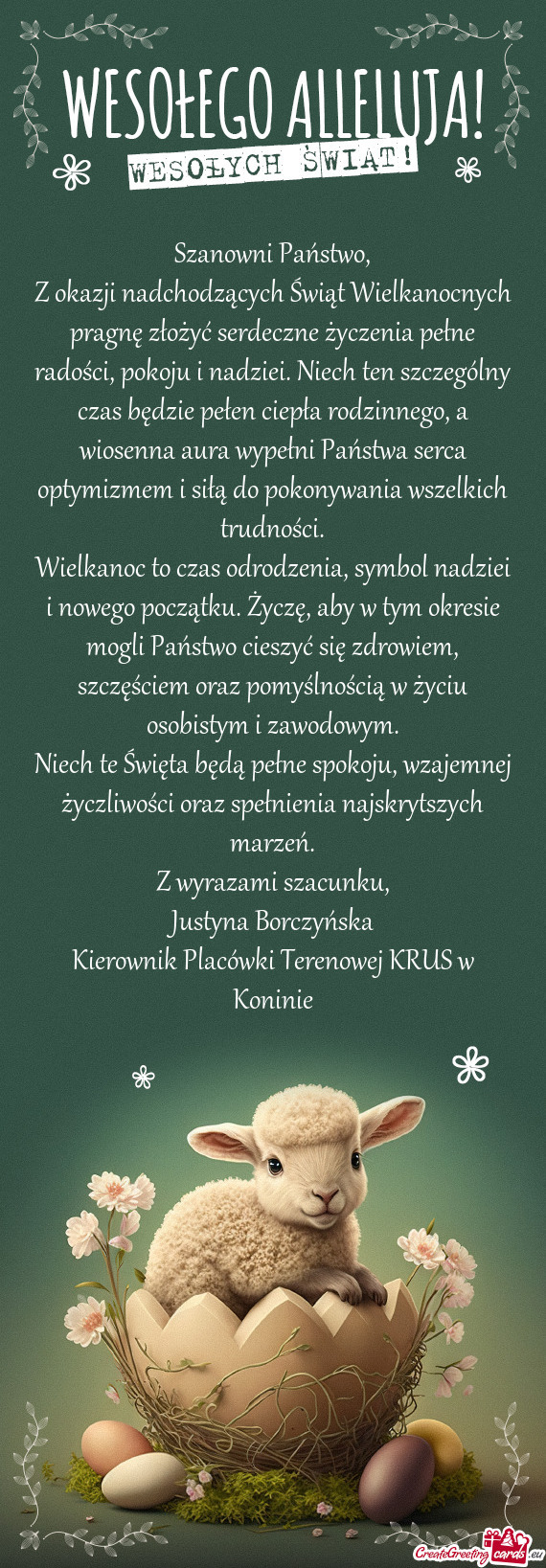Z okazji nadchodzących Świąt Wielkanocnych pragnę złożyć serdeczne życzenia pełne radości