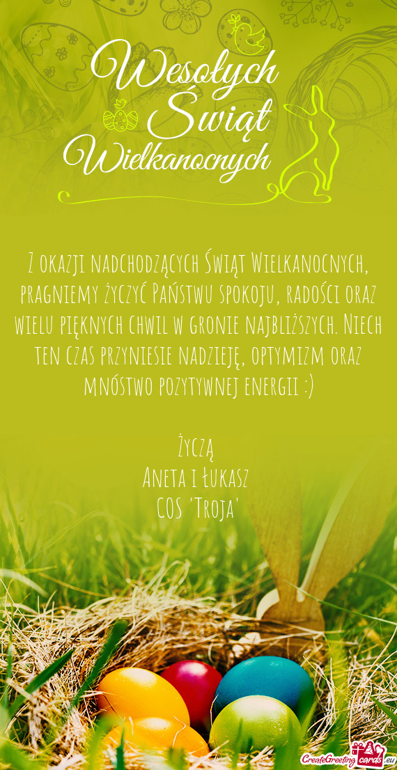 Z okazji nadchodzących Świąt Wielkanocnych, pragniemy życzyć Państwu spokoju, radości oraz wi