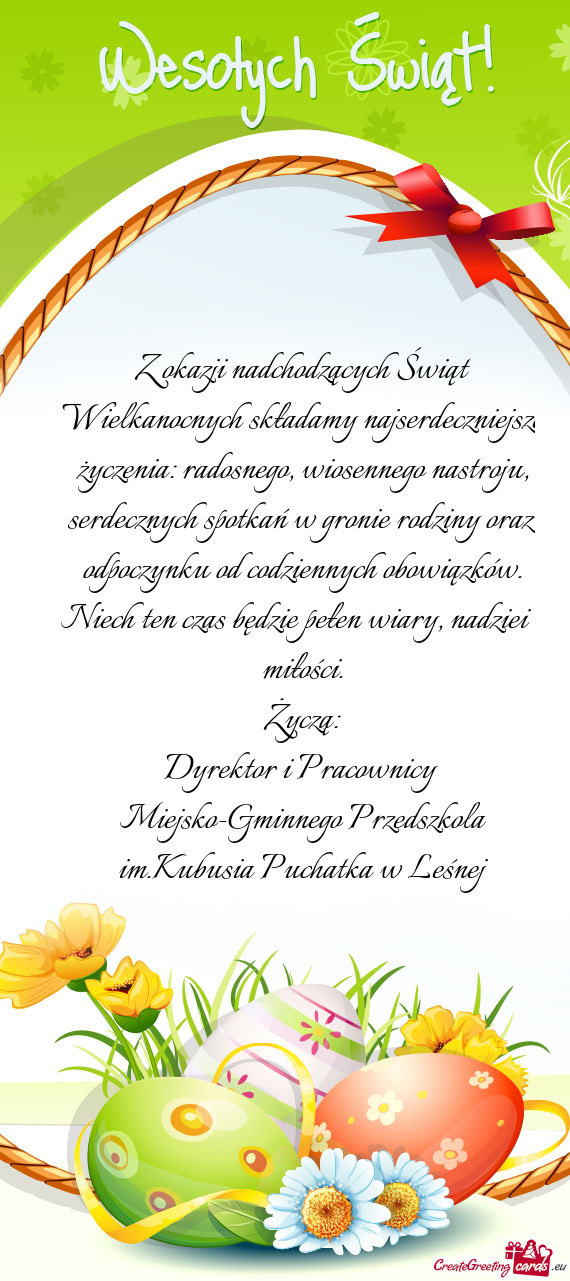 Z okazji nadchodzących Świąt Wielkanocnych składamy najserdeczniejsze życzenia: radosnego, wios
