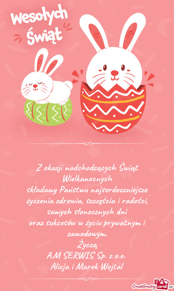 Z okazji nadchodzących Świąt Wielkanocnych  składamy Państwu
