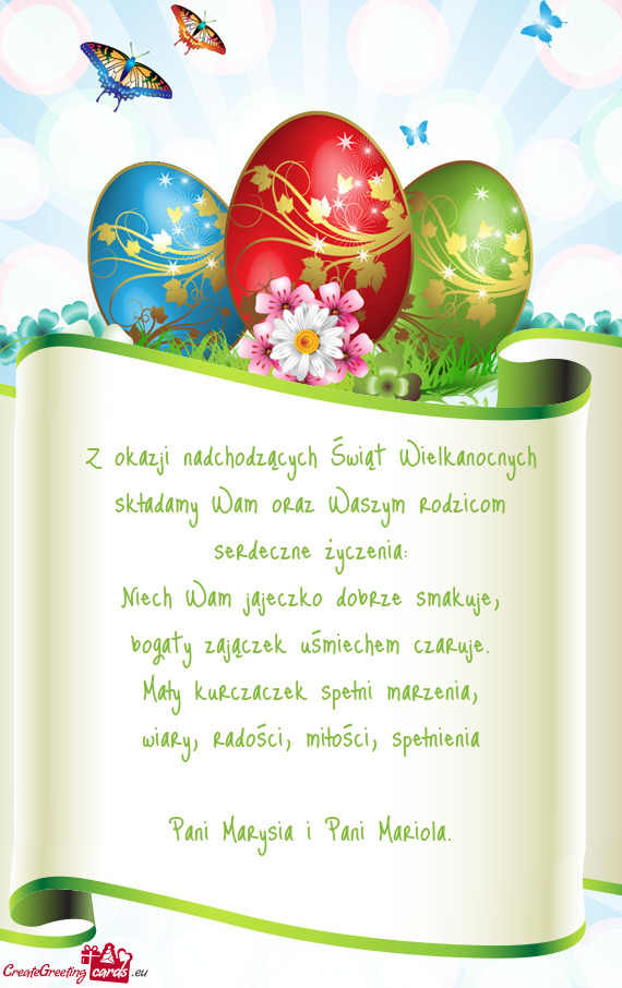Z okazji nadchodzących Świąt Wielkanocnych składamy Wam oraz Waszym rodzicom serdeczne życzenia