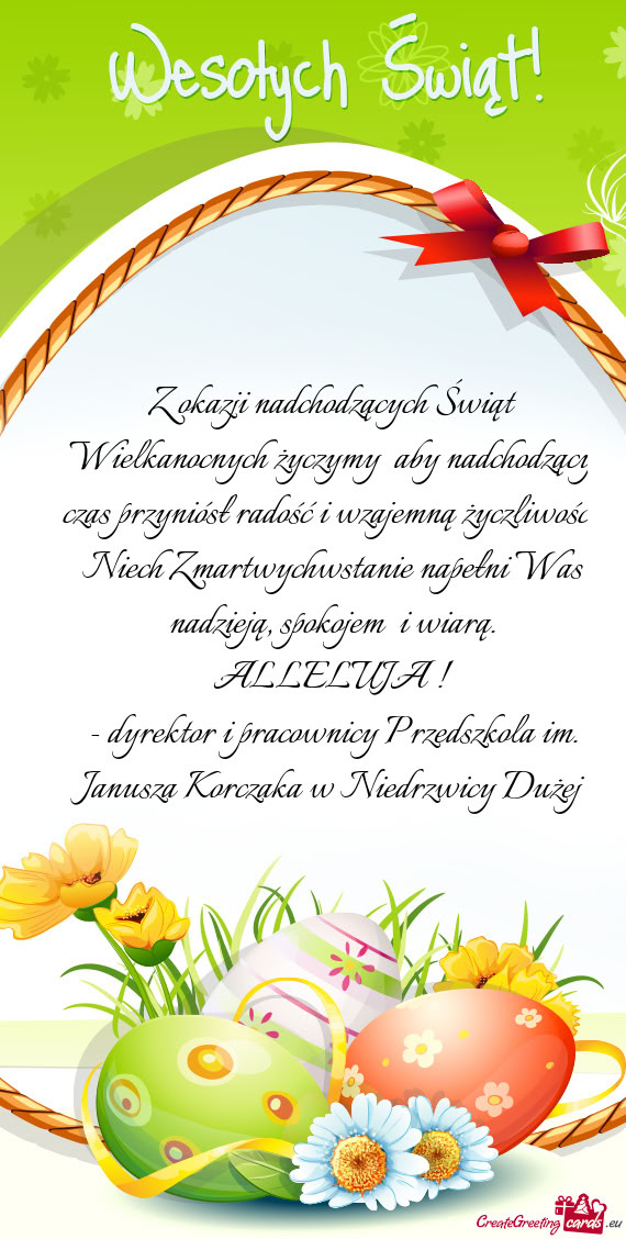 Z okazji nadchodzących Świąt Wielkanocnych życzymy aby nadchodzący czas przyniósł radość i