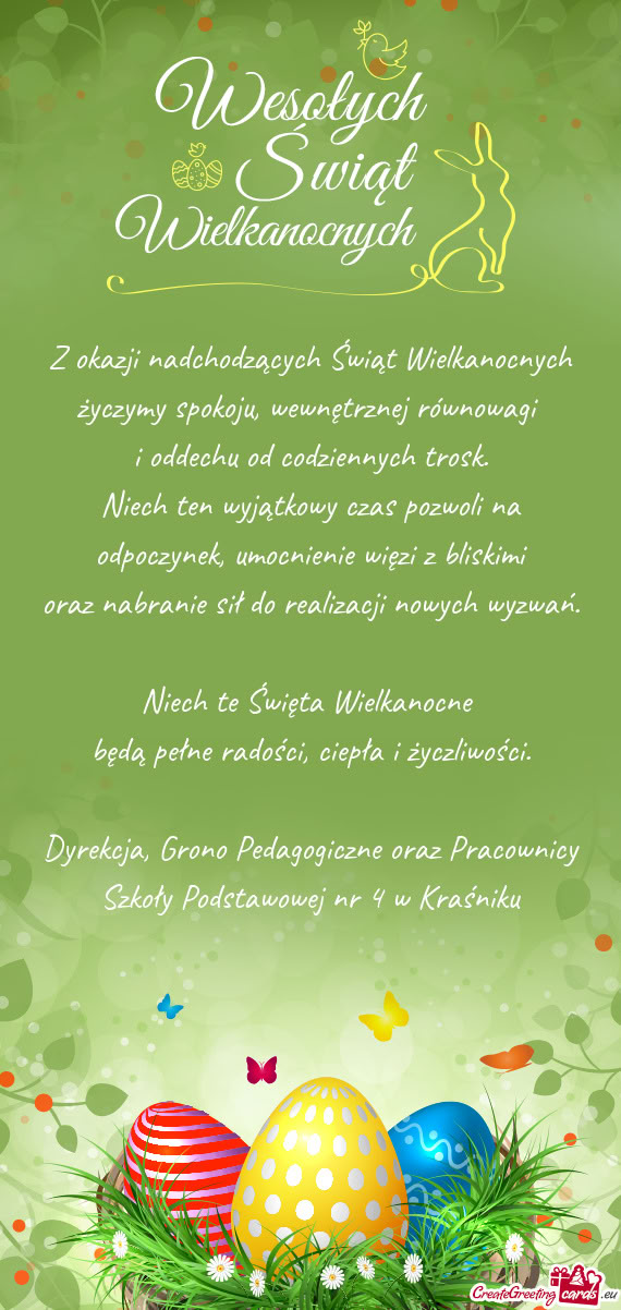 Z okazji nadchodzących Świąt Wielkanocnych życzymy spokoju, wewnętrznej równowagi