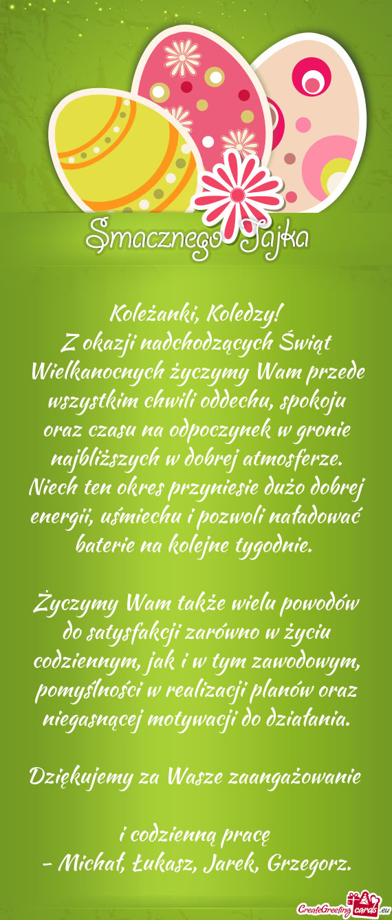 Z okazji nadchodzących Świąt Wielkanocnych życzymy Wam przede wszystkim chwili oddechu, spokoju