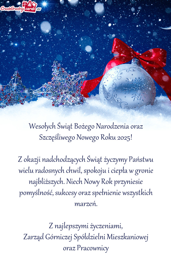 Z okazji nadchodzących Świąt życzymy Państwu wielu radosnych chwil, spokoju i ciepła w gronie