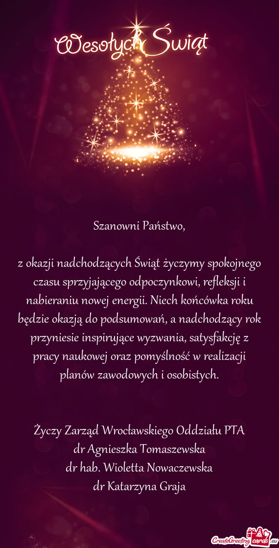 Z okazji nadchodzących Świąt życzymy spokojnego czasu sprzyjającego odpoczynkowi, refleksji i n