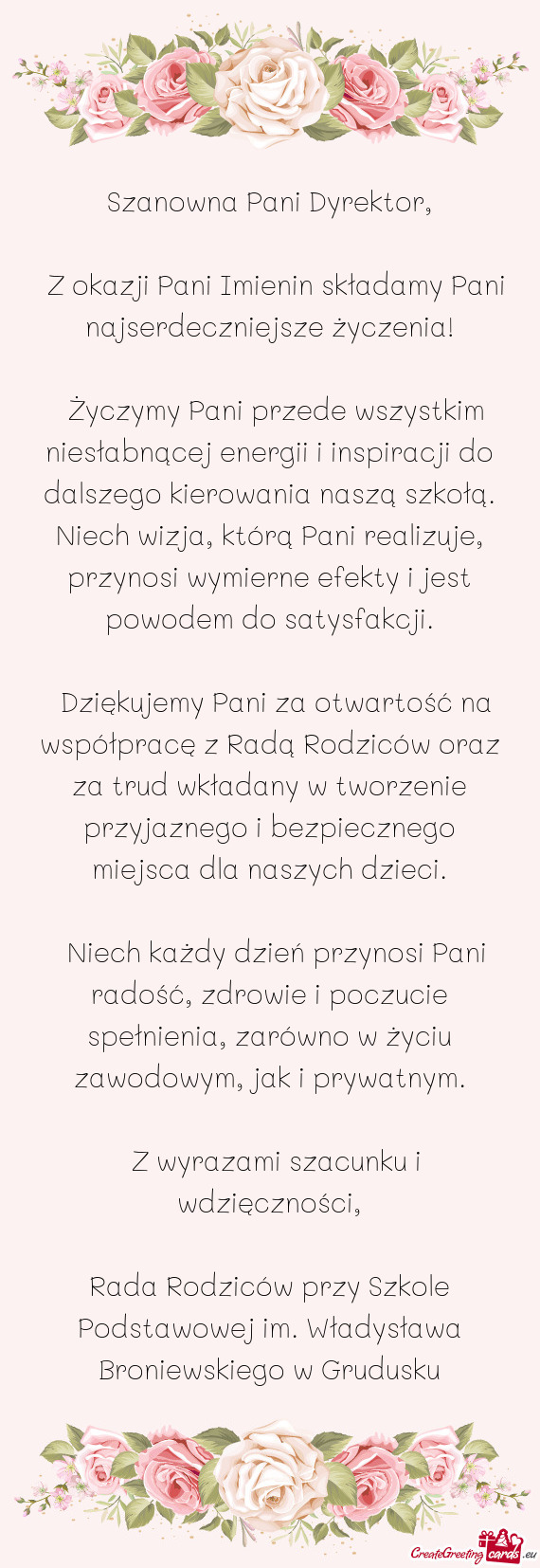 ​Z okazji Pani Imienin składamy Pani najserdeczniejsze życzenia