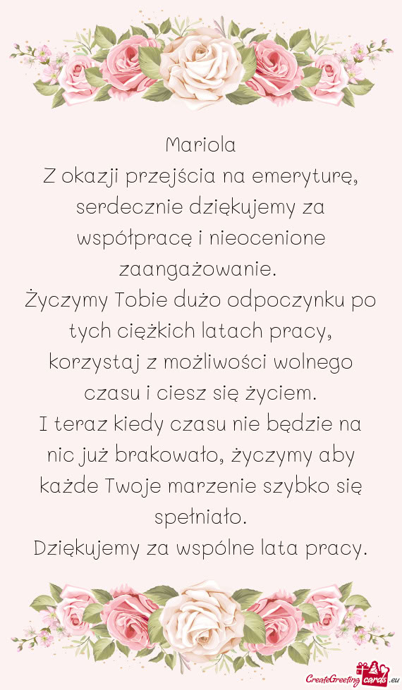Z okazji przejścia na emeryturę, serdecznie dziękujemy za współpracę i nieocenione zaangażowa