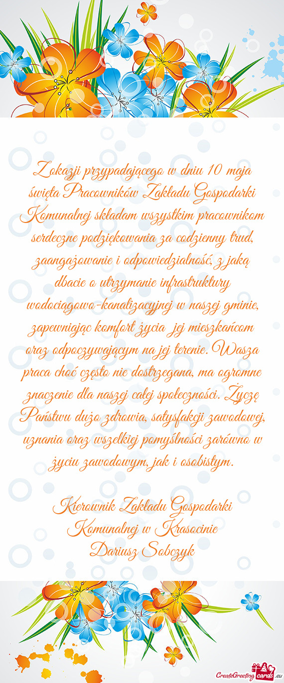 Z okazji przypadającego w dniu 10 maja święta Pracowników Zakładu Gospodarki Komunalnej składa