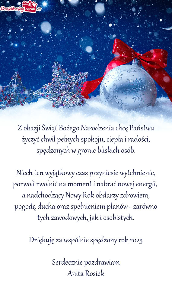 Z okazji Świąt Bożego Narodzenia chcę Państwu życzyć chwil pełnych spokoju, ciepła i radoś