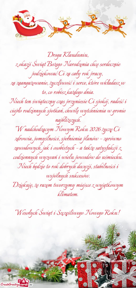 Z okazji Świąt Bożego Narodzenia chcę serdecznie podziękować Ci za cały rok pracy