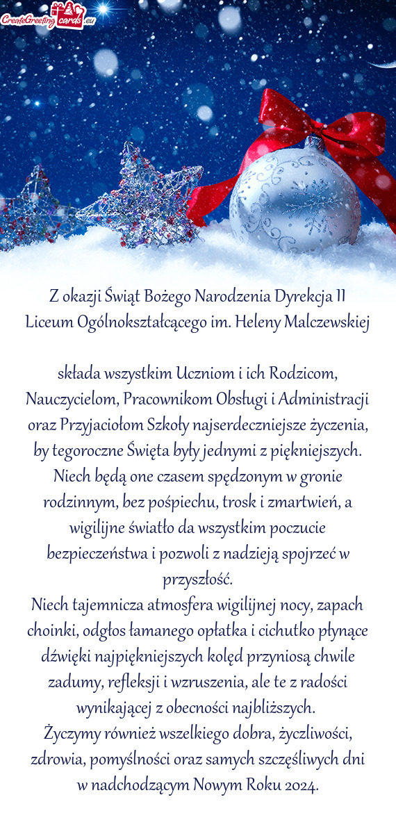 Z okazji Świąt Bożego Narodzenia Dyrekcja II Liceum Ogólnokształcącego im. Heleny Malczewskiej