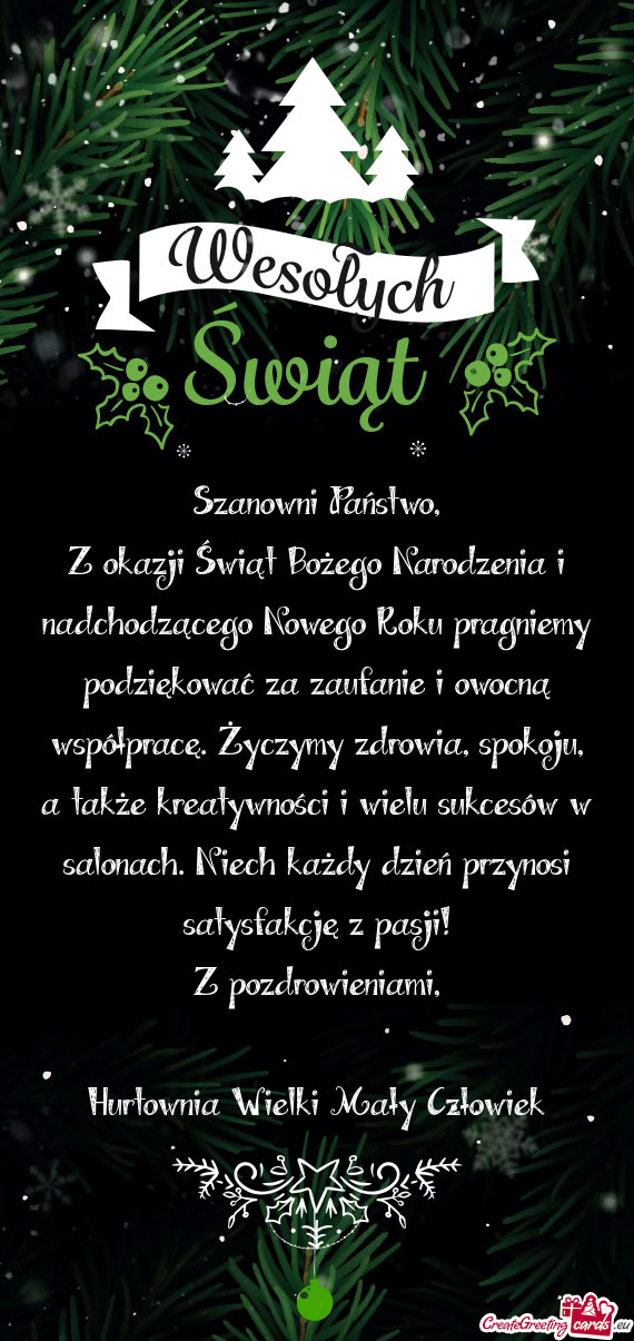 Z okazji Świąt Bożego Narodzenia i nadchodzącego Nowego Roku pragniemy podziękować za zaufanie