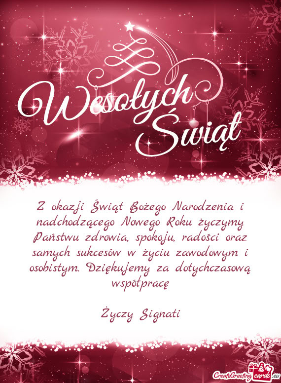 Z okazji Świąt Bożego Narodzenia i nadchodzącego Nowego Roku życzymy Państwu zdrowia, spokoju