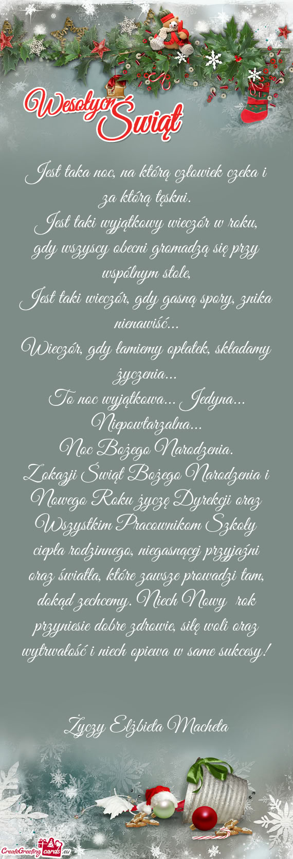 Z okazji Świąt Bożego Narodzenia i Nowego Roku życzę Dyrekcji oraz Wszystkim Pracownikom Szkoł