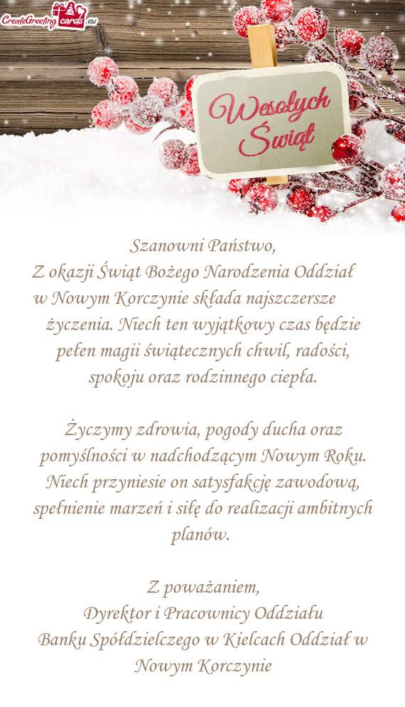 Z okazji Świąt Bożego Narodzenia Oddział  w Nowym Korczynie składa najszczersze   ż