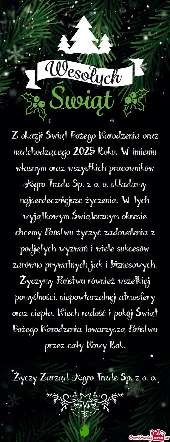 Z okazji Świąt Bożego Narodzenia oraz nadchodzącego 2025 Roku. W imieniu własnym oraz wszystkic