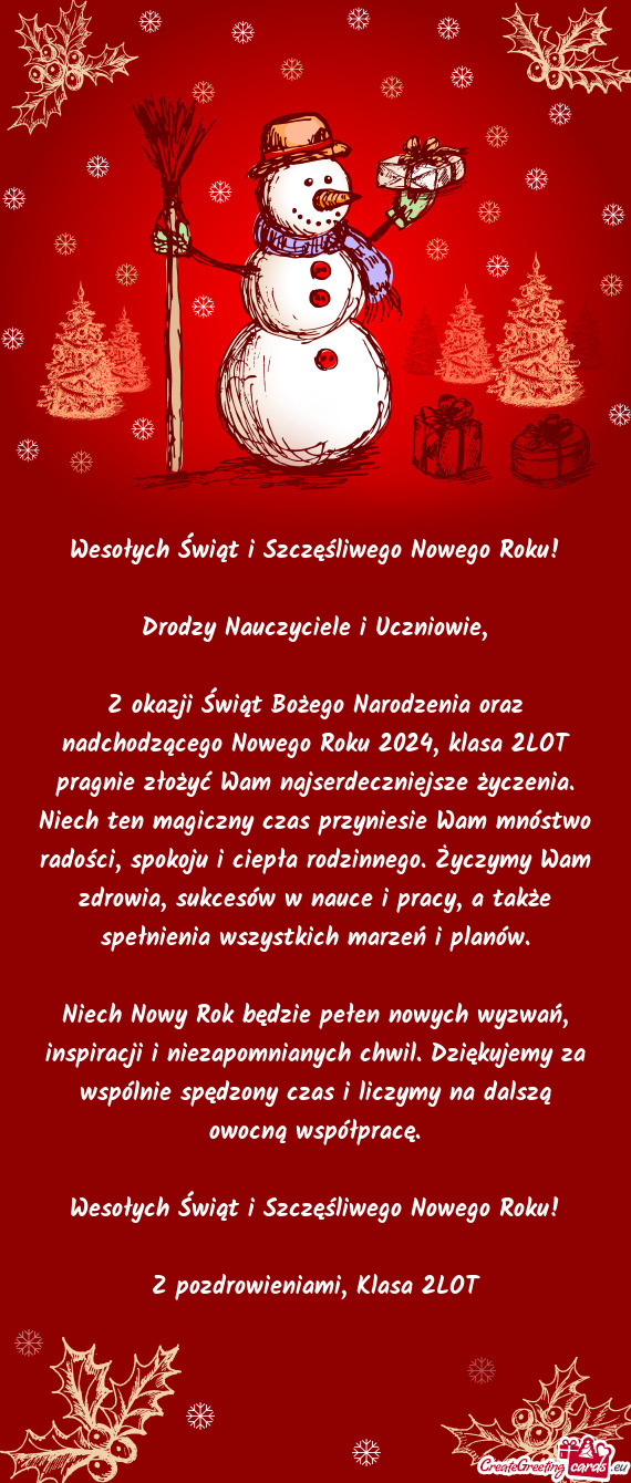 Z okazji Świąt Bożego Narodzenia oraz nadchodzącego Nowego Roku 2024, klasa 2LOT pragnie złoży