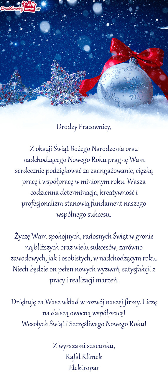 Z okazji Świąt Bożego Narodzenia oraz nadchodzącego Nowego Roku pragnę Wam serdecznie podzięko