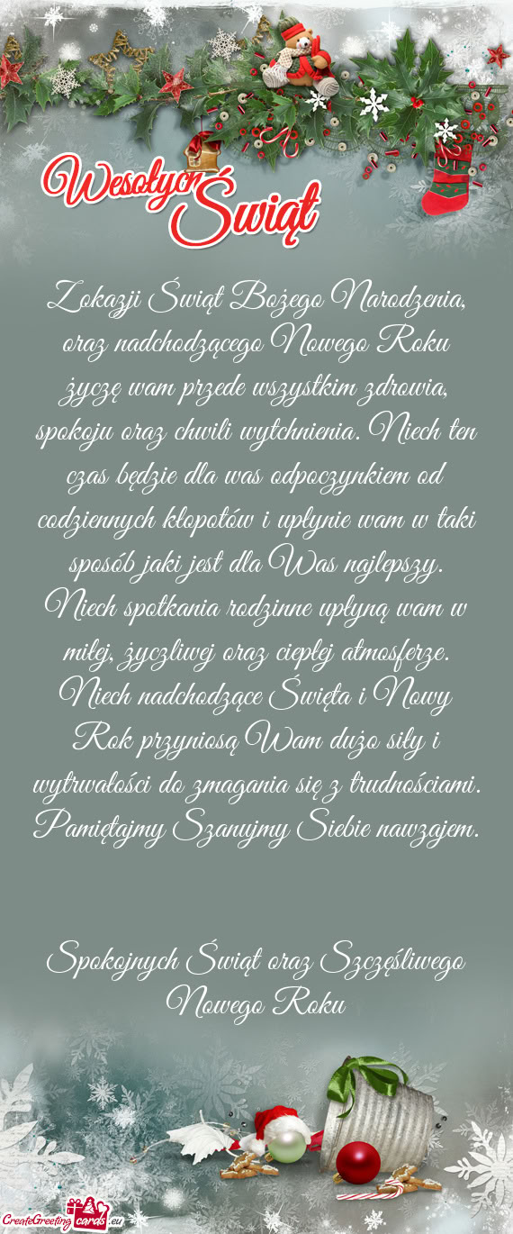 Z okazji Świąt Bożego Narodzenia, oraz nadchodzącego Nowego Roku życzę wam przede wszystkim zd